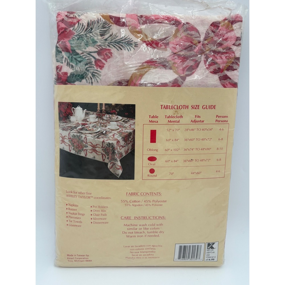 Ashley‎ Taylor Christmas Damask Tablecloth Poinsettia Floral Oblong 60 x 84